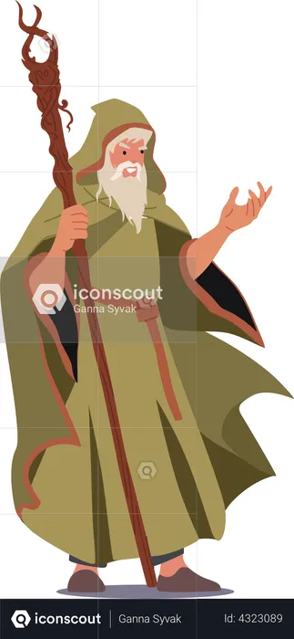 Wizard Wear Long Robe Holding Wooden Magic Staff  Illustration