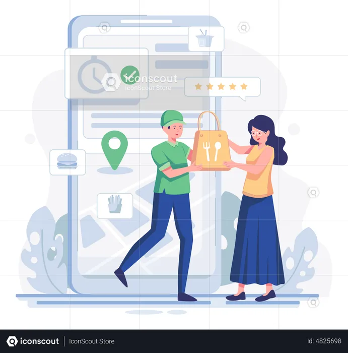 Woman accepting online food delivery order  Illustration