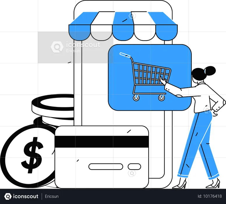 Woman add product to cart and do card payment  Illustration