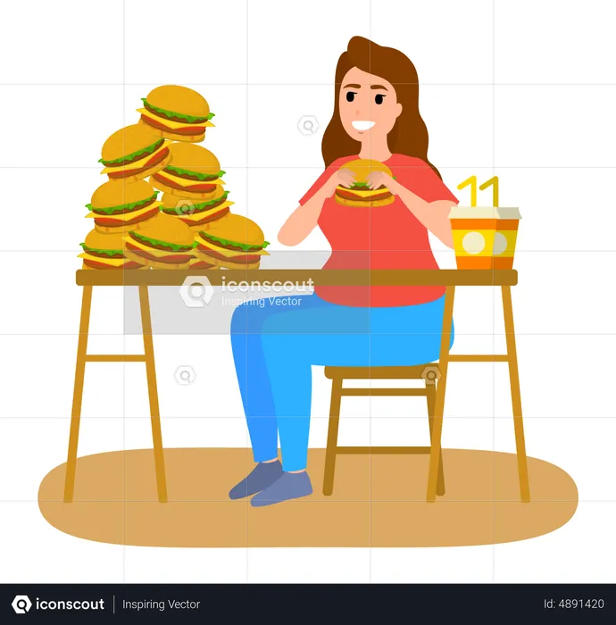 Woman Addicted To Food  Illustration