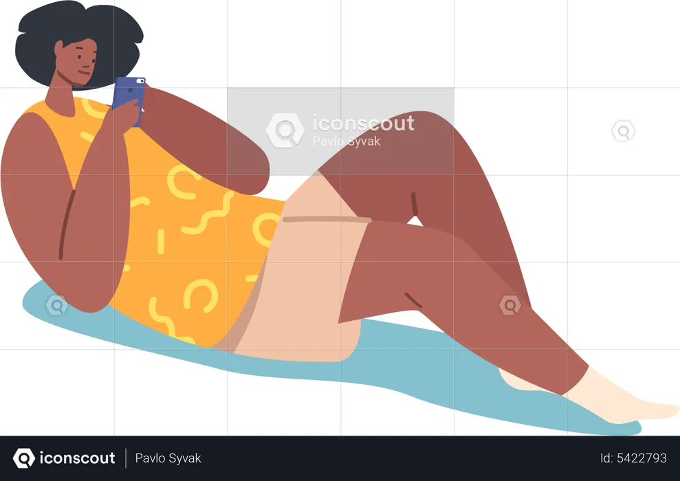Woman addicted to smartphone lying on floor  Illustration