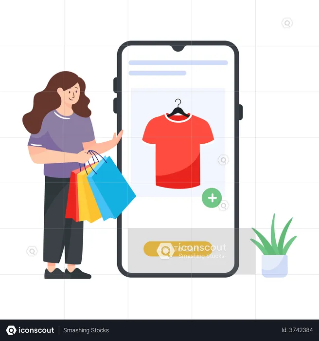 Woman adding products to cart on e-commerce application  Illustration