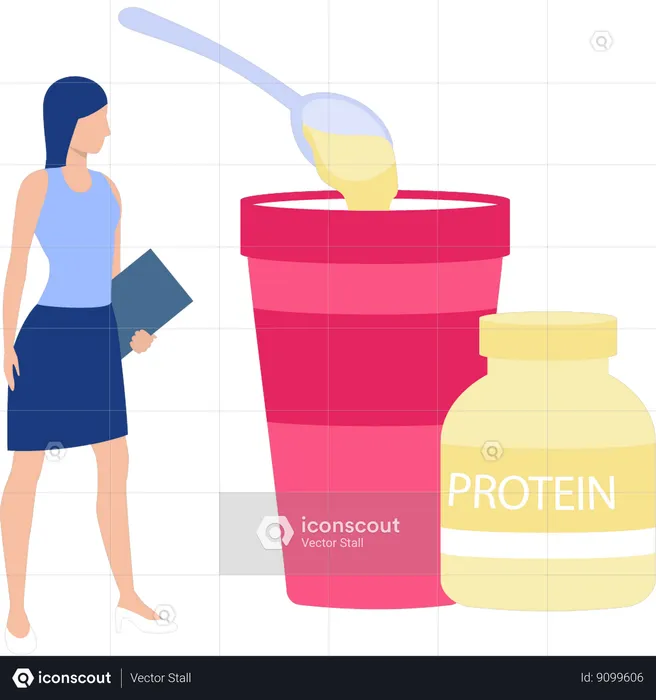 Woman adding protein powder in glass  Illustration