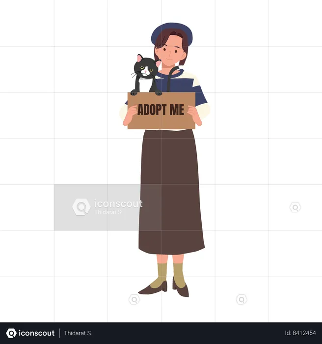 Woman Adopting a Black Cat  Illustration