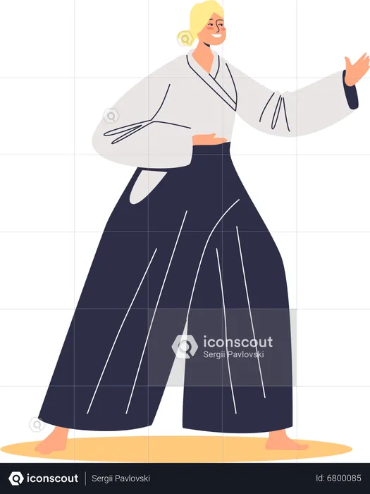 Woman aikido fighter in costume for competition or training  Illustration