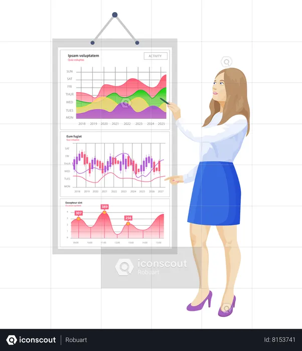 Woman analyses digital report with development graph  Illustration