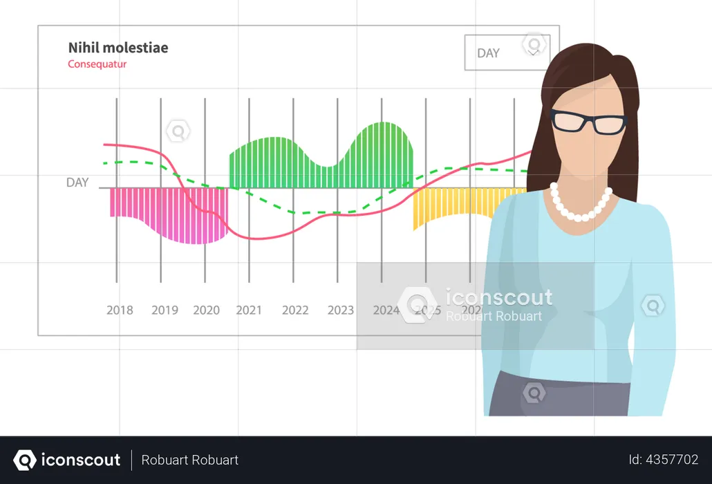 Woman analyses digital report with statistical indicators  Illustration