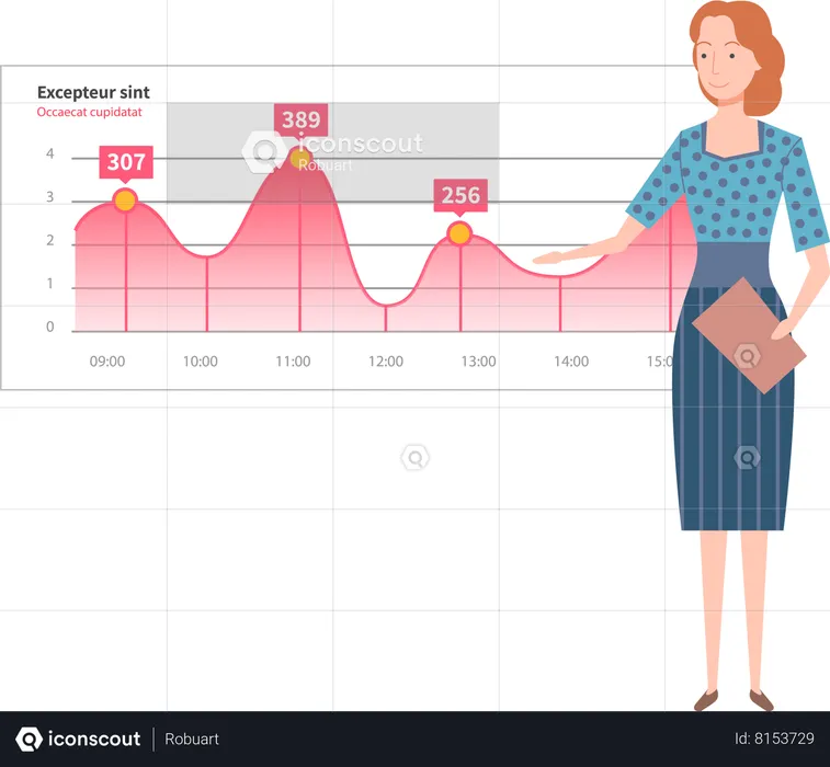 Woman analyses digital report with statistics  Illustration