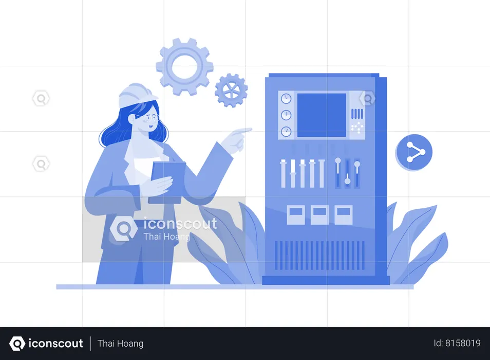 Woman Analysing Machine Controlling System  Illustration