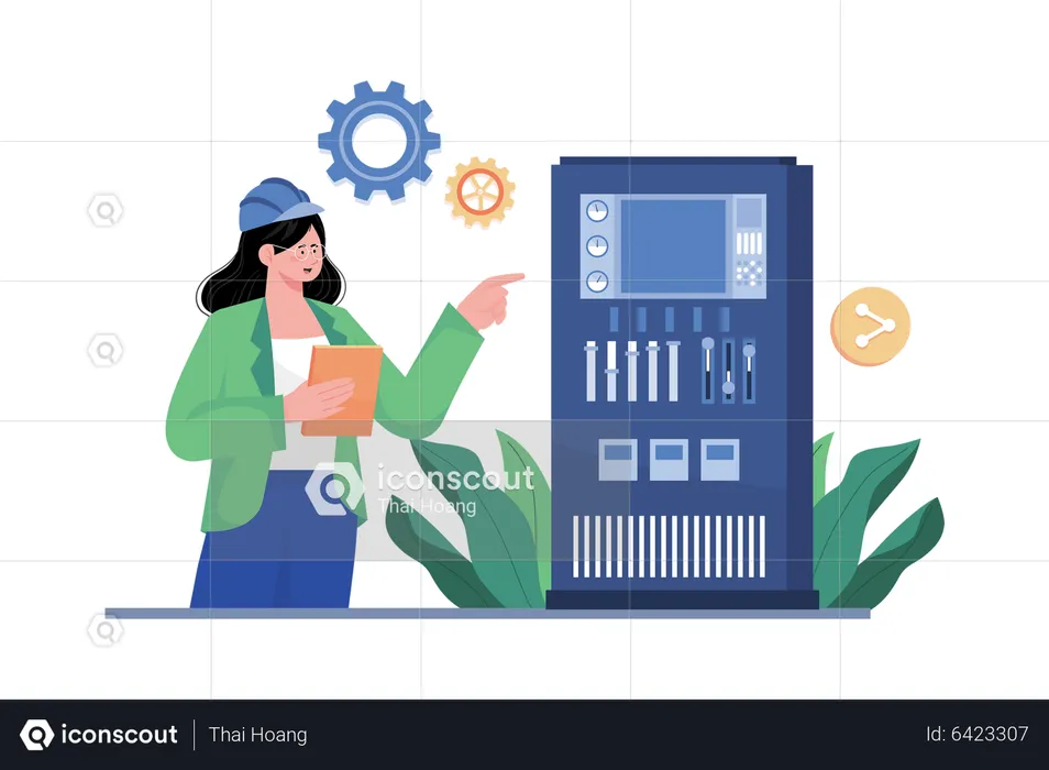 Woman Analysing Machine Controlling System  Illustration