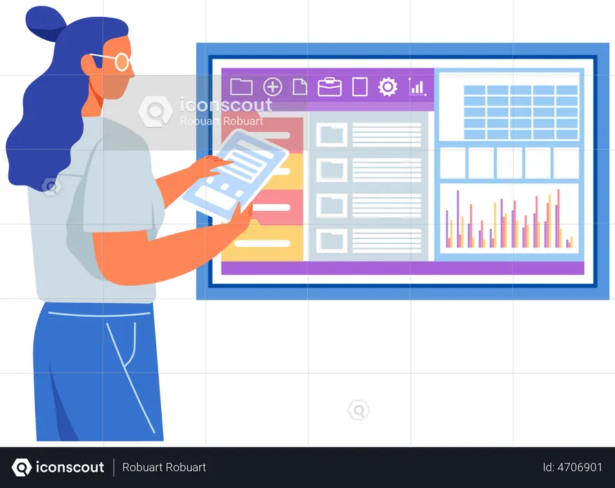 Woman analyzes program for statistical analysis  Illustration