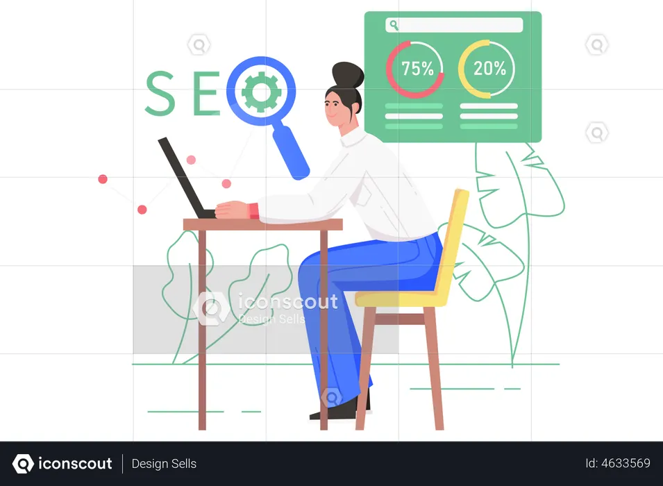 Woman analyzes SEO data and selects keywords  Illustration