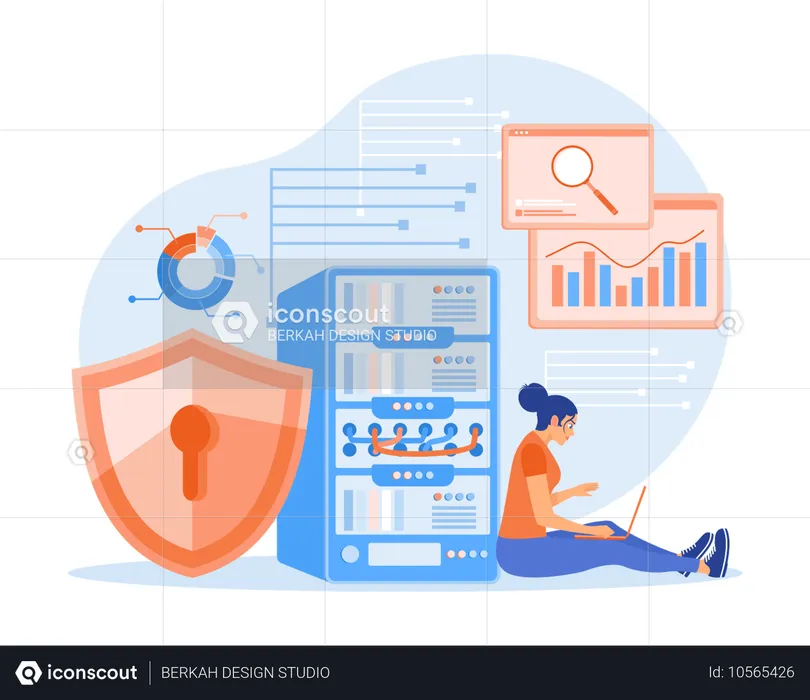 Woman analyzing data on server while Analyze digital information and create reports for optimization  Illustration