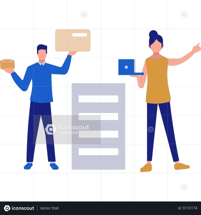 Woman and boy working on payment  Illustration