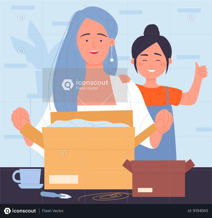 Woman and daughter opening parcel  Illustration