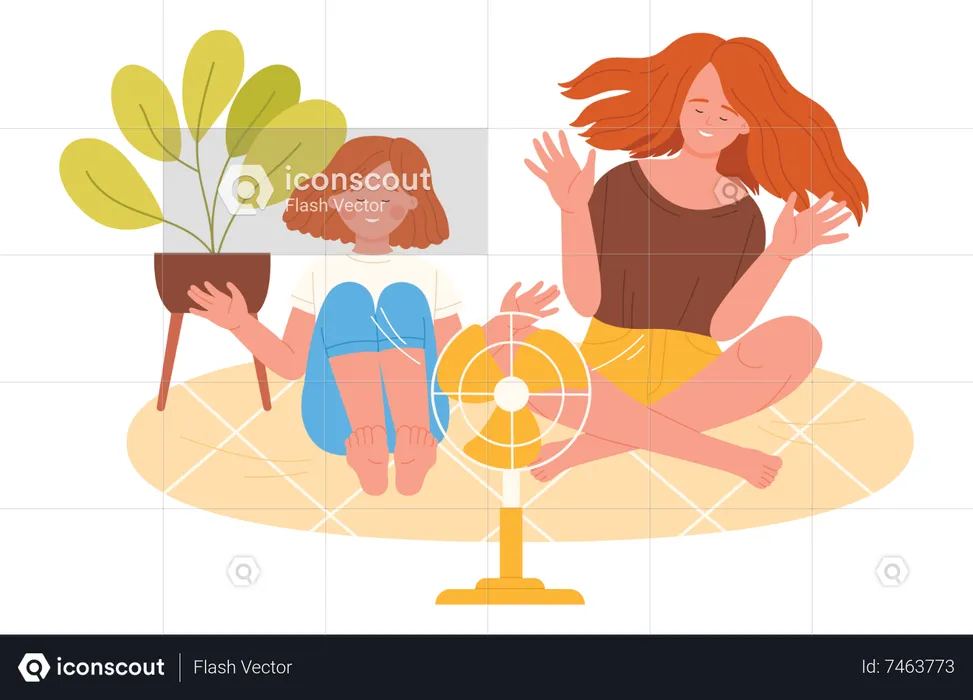 Woman and daughter sitting in front of fan  Illustration