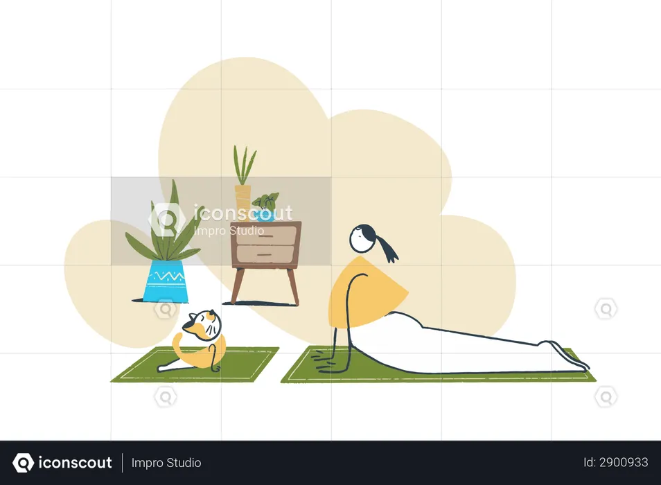 Woman and her cat doing yoga  Illustration