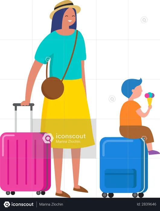 Woman and her kid going on vacation  Illustration