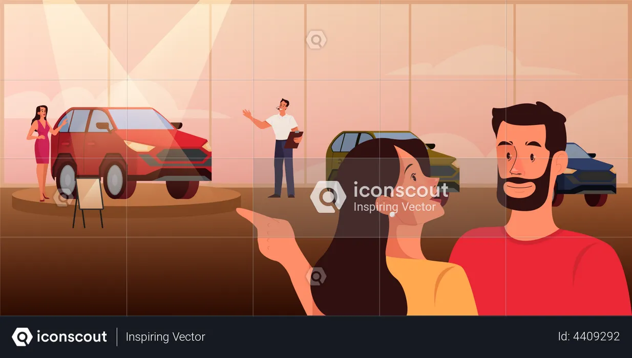 Woman and man at car presentation  Illustration