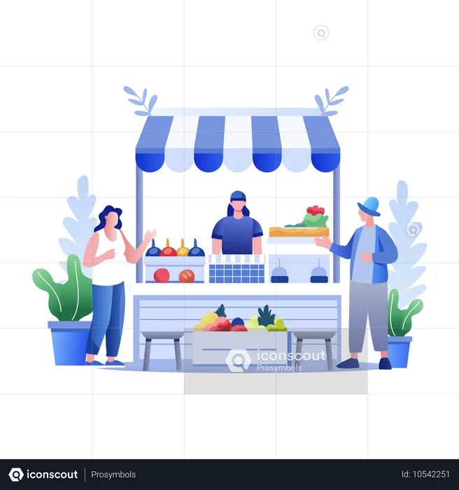 Woman and man buying food at Market Stall  Illustration