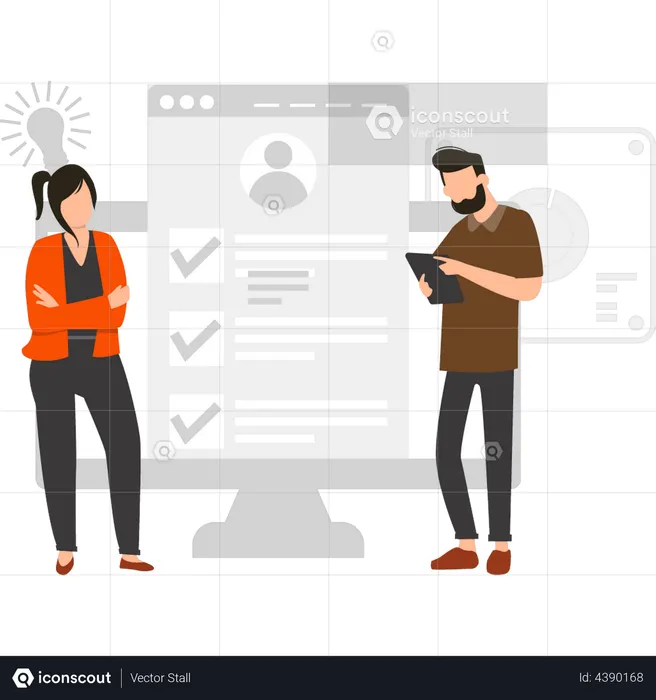 Woman and man checking user profile  Illustration