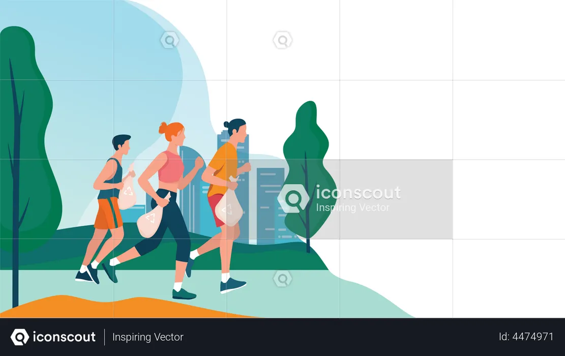 Woman and man collect garbage while running  Illustration