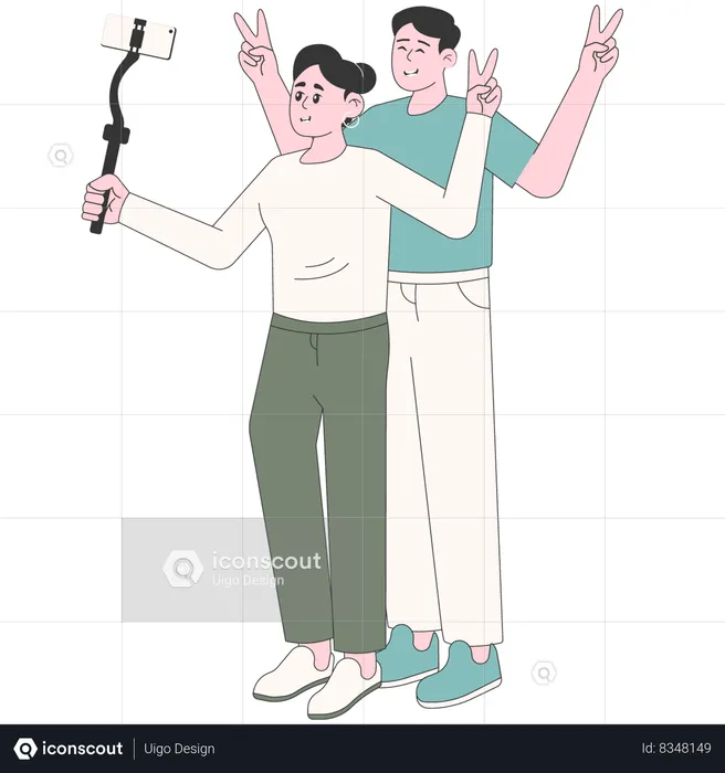 Woman and Man Couple Taking a Selfie  Illustration