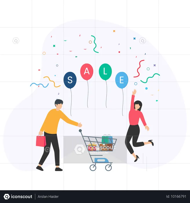 Woman and Man Doing Shopping during Big Sale  Illustration