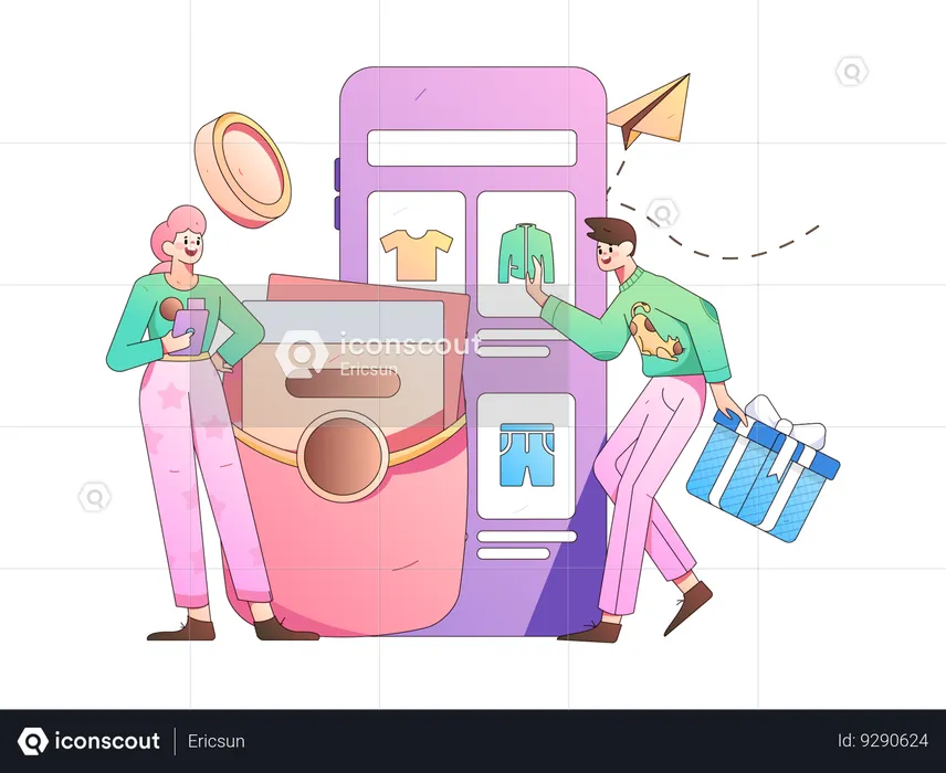 Woman and man doing shopping payment using mobile  Illustration