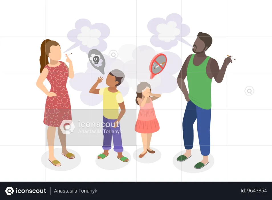 Woman and man doing smoke in front of children  Illustration