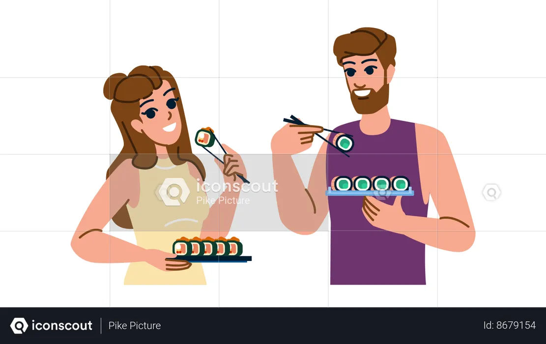 Woman and man eating sushi  Illustration