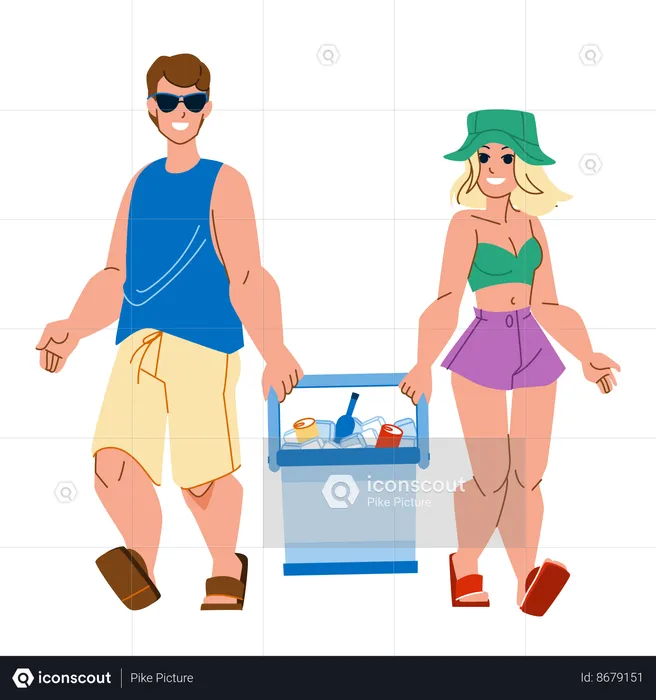 Woman and man holding cooler box  Illustration