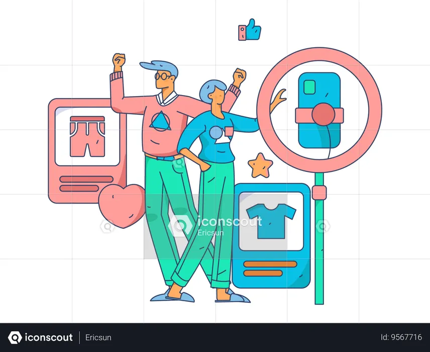 Woman and man live on social media for cloth review  Illustration