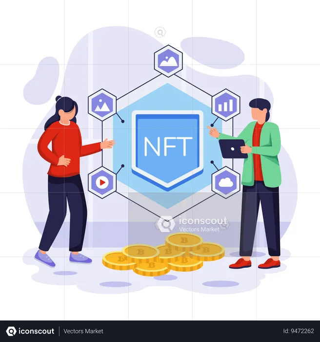 Woman and man looking at NFT Tokens  Illustration