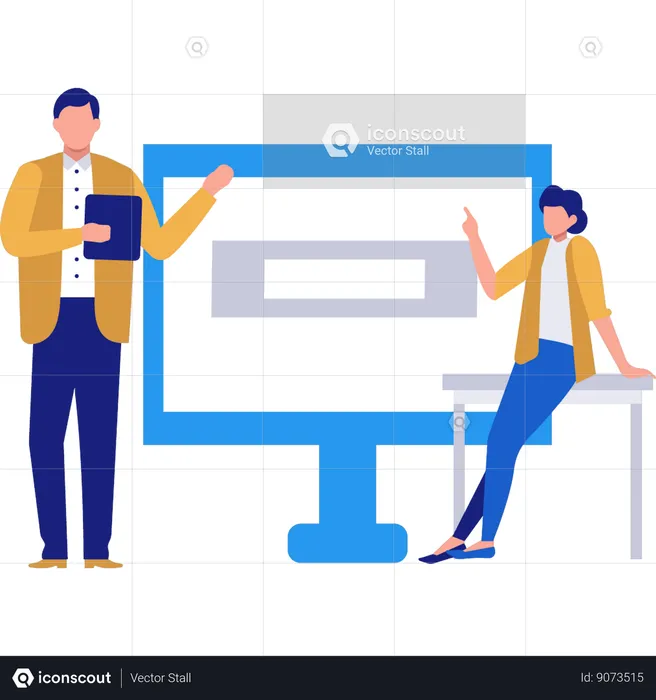 Woman And Man Pointing To Monitor  Illustration