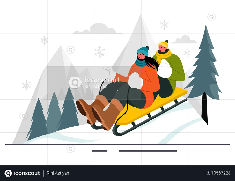 Woman and man riding sled on ice  Illustration