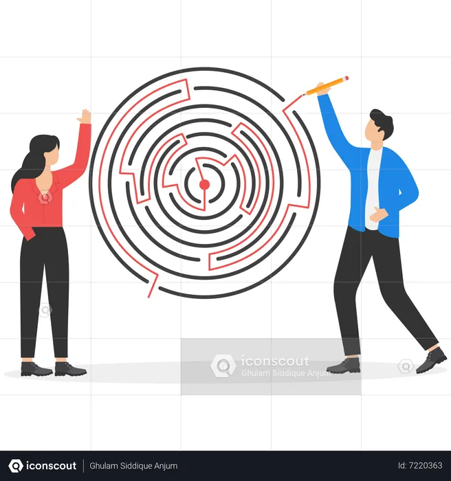 Woman and man solving labyrinth puzzle  Illustration