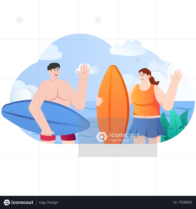 Woman And Man Surfing On Summer Vacation  Illustration