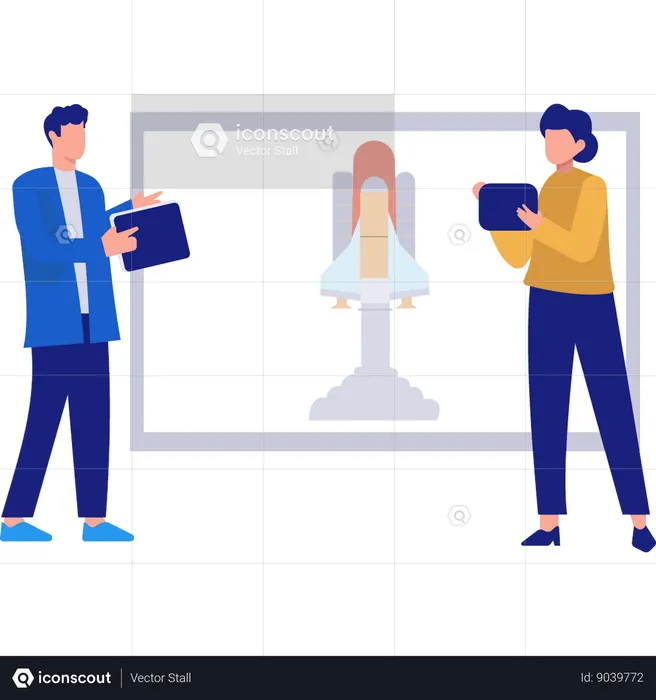 Woman and Man talking about space rocket business  Illustration