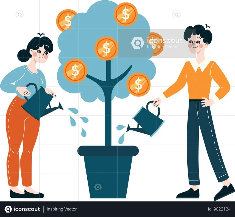 Woman and man watering dollar plant  Illustration