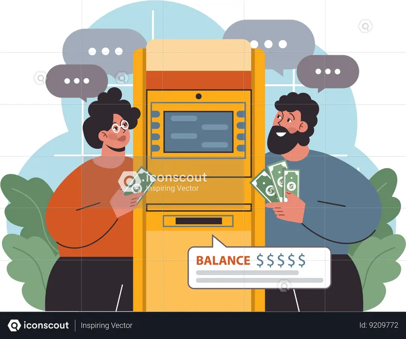 Woman and man withdraw cash using atm machine  Illustration