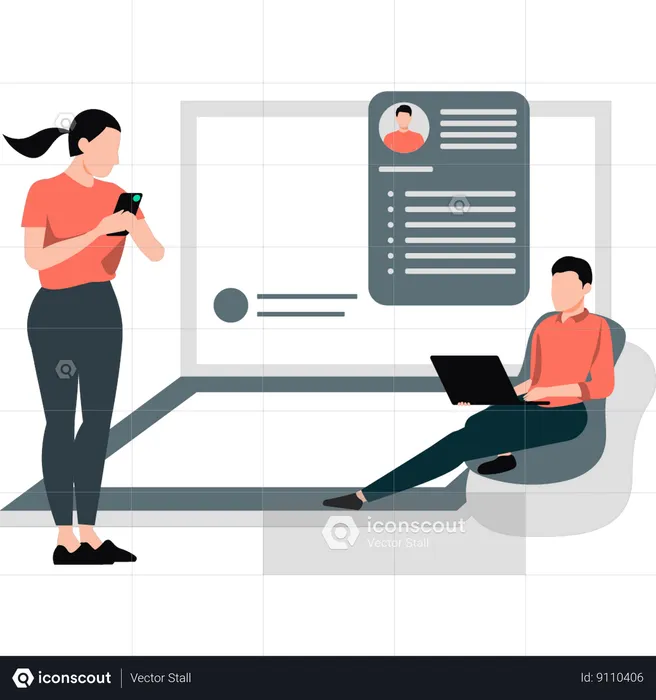 Woman and man working on laptop  Illustration