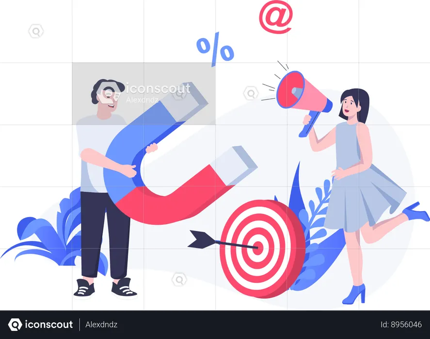 Woman and man working on marketing target  Illustration
