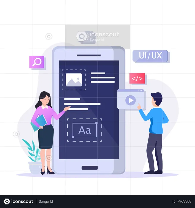 Woman And Man Working On Mobile App Design  Illustration