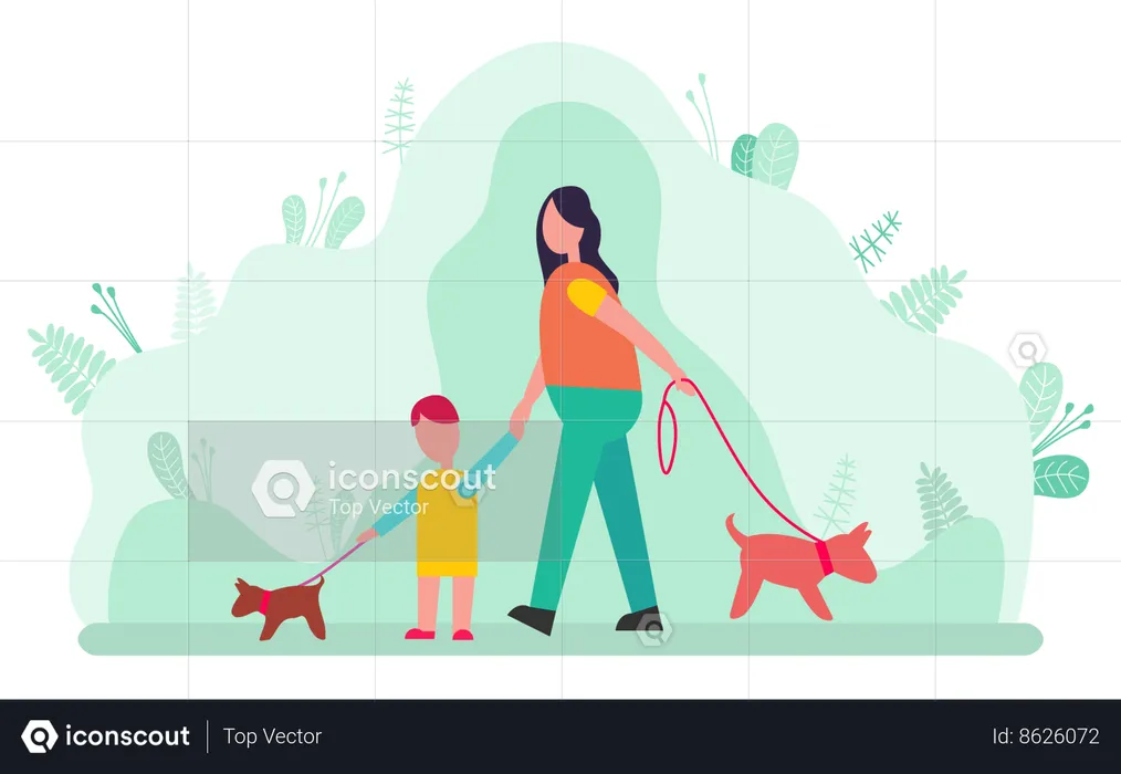 Woman and son walking with dogs  Illustration