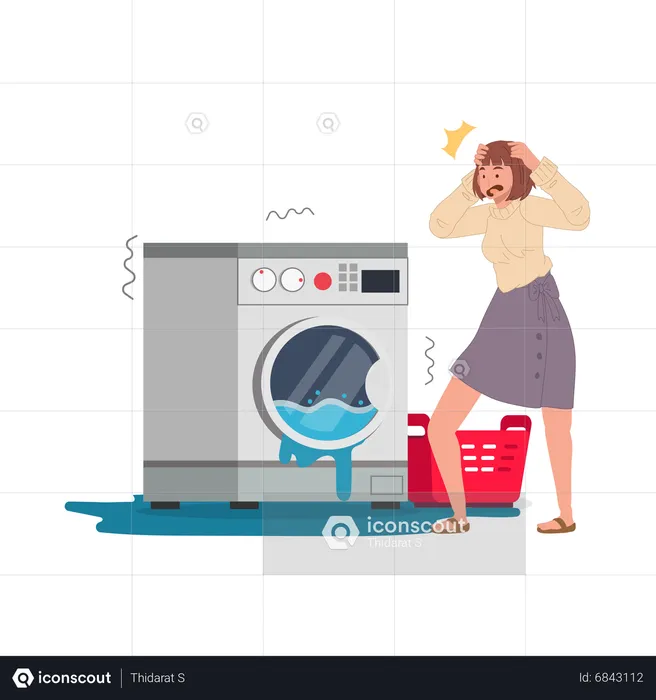 Woman and washer with leakage  Illustration