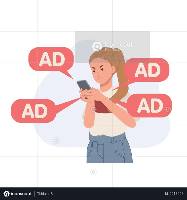 Woman Angry and annoying with ads notifications from smartphone  Illustration