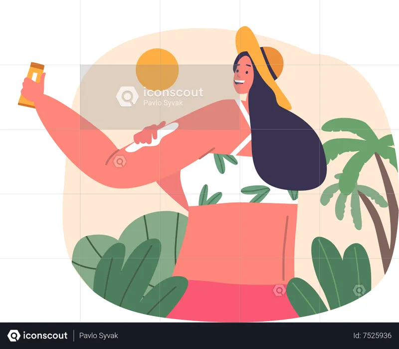 Woman applies sunscreen cream  Illustration