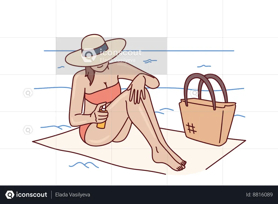 Woman applies sunscreen to protect herself from sun  Illustration