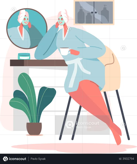 Woman apply face mask and waiting for washing  Illustration